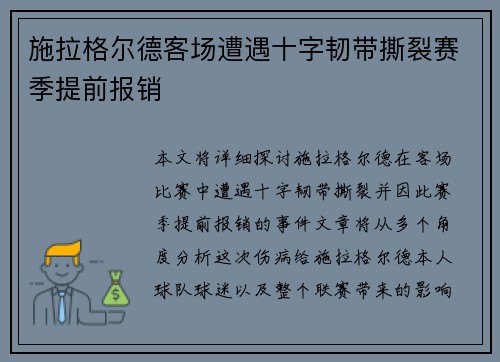 施拉格尔德客场遭遇十字韧带撕裂赛季提前报销